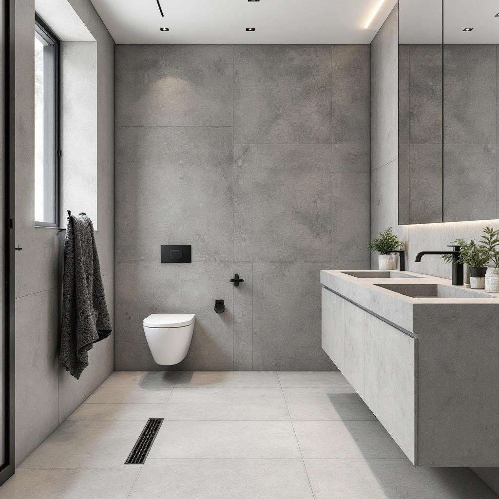 Frameless glass shower and floating vanity in newly remodeled bathroom